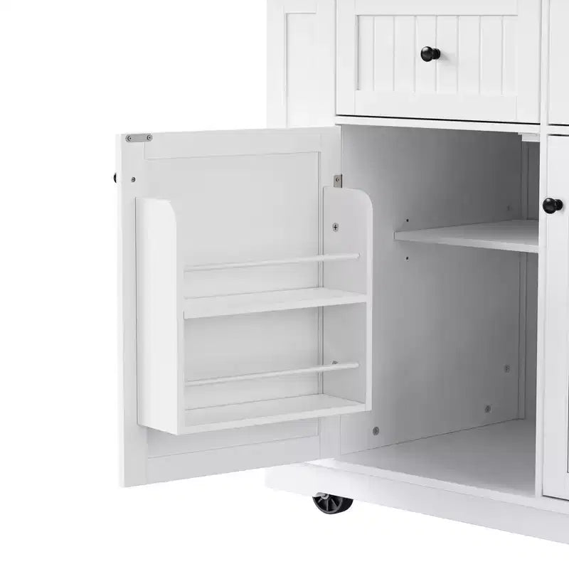 Kitchen Island with Drop Leaf, Power Outlet, 5 Wheels and 5 Open Side Racks, White