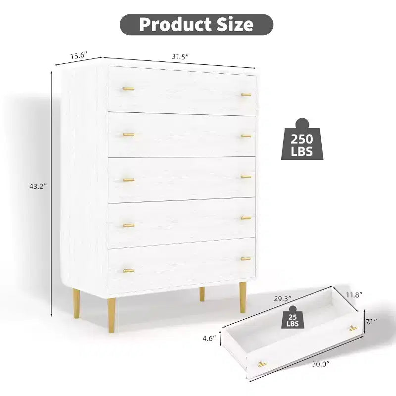 Dresser for Bedroom, 44 Tall Dresser with 5 Drawers, Chest of Drawers with Storage, Vintage Wood Dressers for Closet, Living Room, Hallway