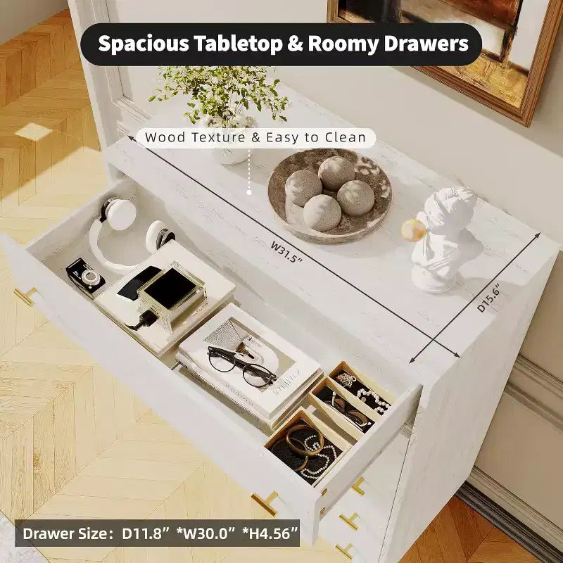 Dresser for Bedroom, 44 Tall Dresser with 5 Drawers, Chest of Drawers with Storage, Vintage Wood Dressers for Closet, Living Room, Hallway