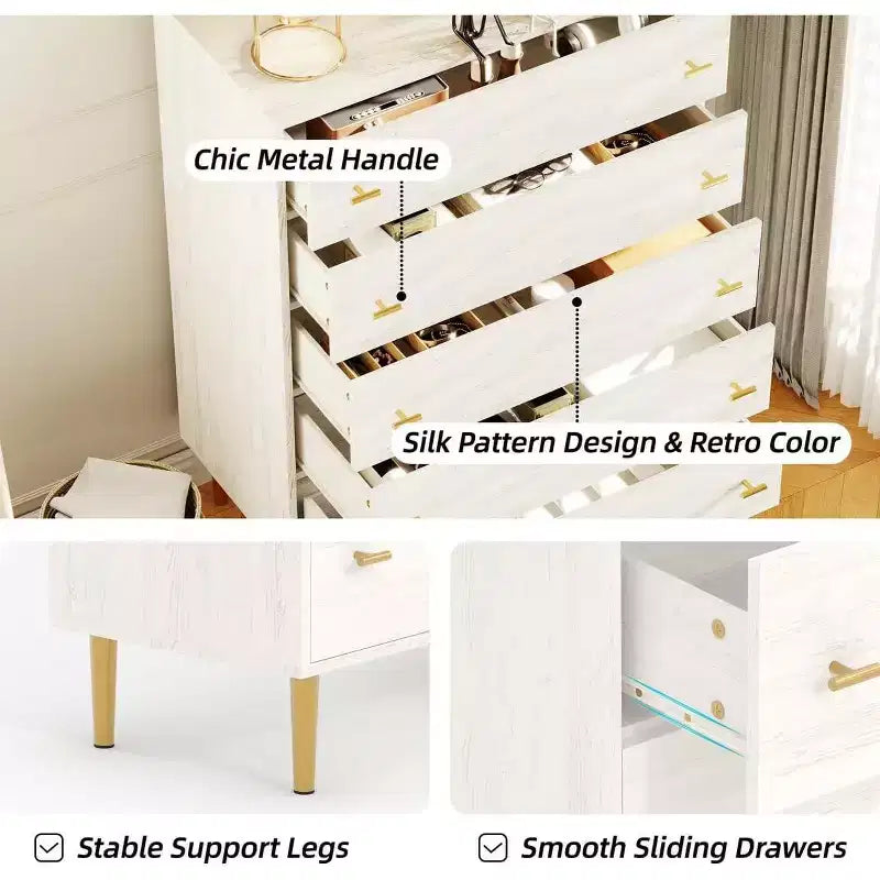 Dresser for Bedroom, 44 Tall Dresser with 5 Drawers, Chest of Drawers with Storage, Vintage Wood Dressers for Closet, Living Room, Hallway