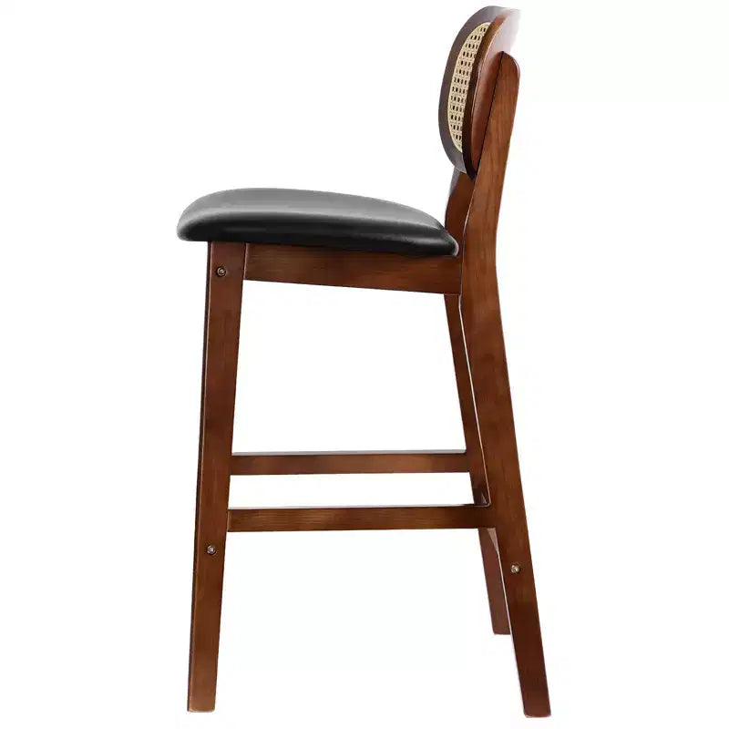 Mid Century Modern Rattan Bar Stools, Counter Height with Faux Leather or Boucle Fabric Upholstery