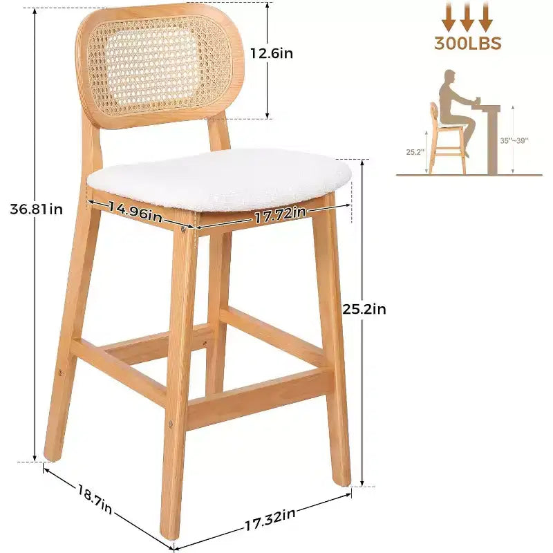 Mid Century Modern Rattan Bar Stools, Counter Height with Faux Leather or Boucle Fabric Upholstery