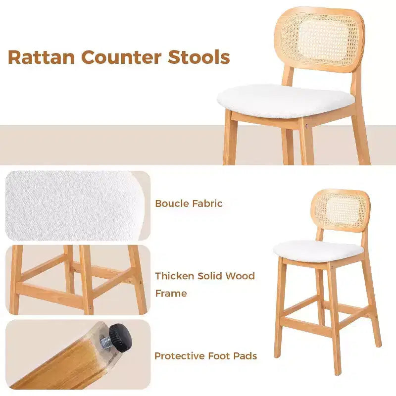 Mid Century Modern Rattan Bar Stools, Counter Height with Faux Leather or Boucle Fabric Upholstery