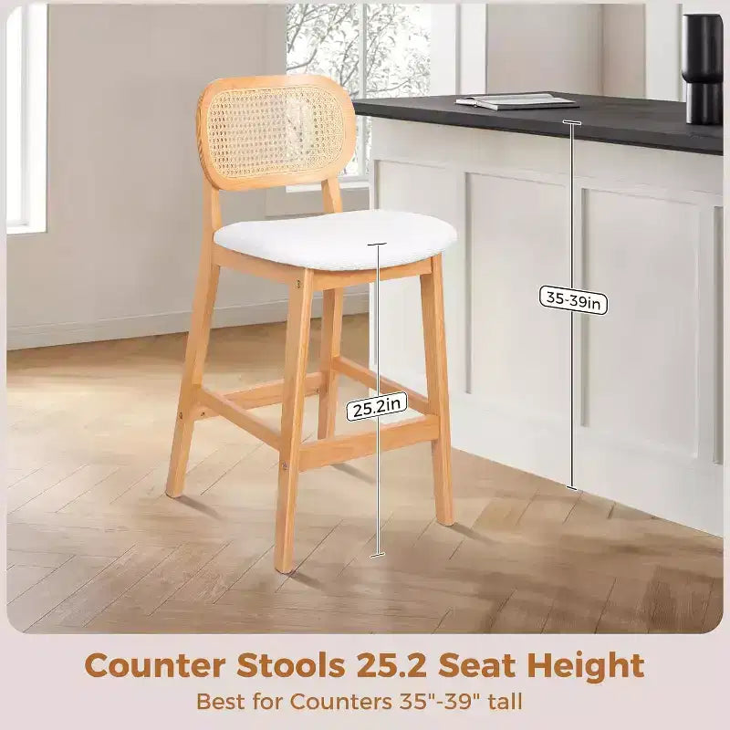 Mid Century Modern Rattan Bar Stools, Counter Height with Faux Leather or Boucle Fabric Upholstery