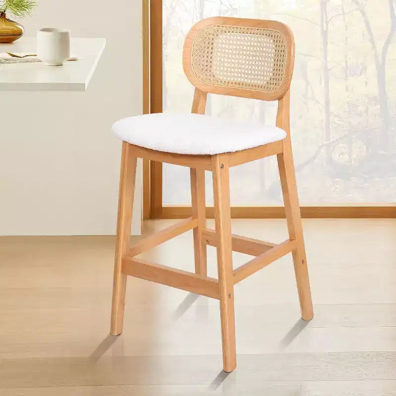Mid Century Modern Rattan Bar Stools, Counter Height with Faux Leather or Boucle Fabric Upholstery