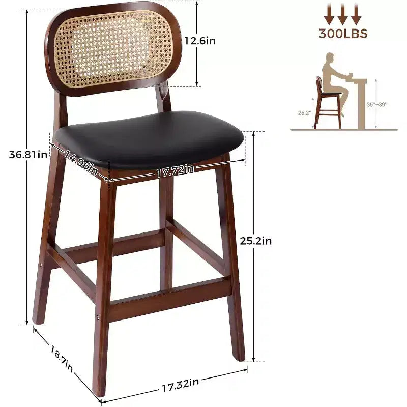 Mid Century Modern Rattan Bar Stools, Counter Height with Faux Leather or Boucle Fabric Upholstery