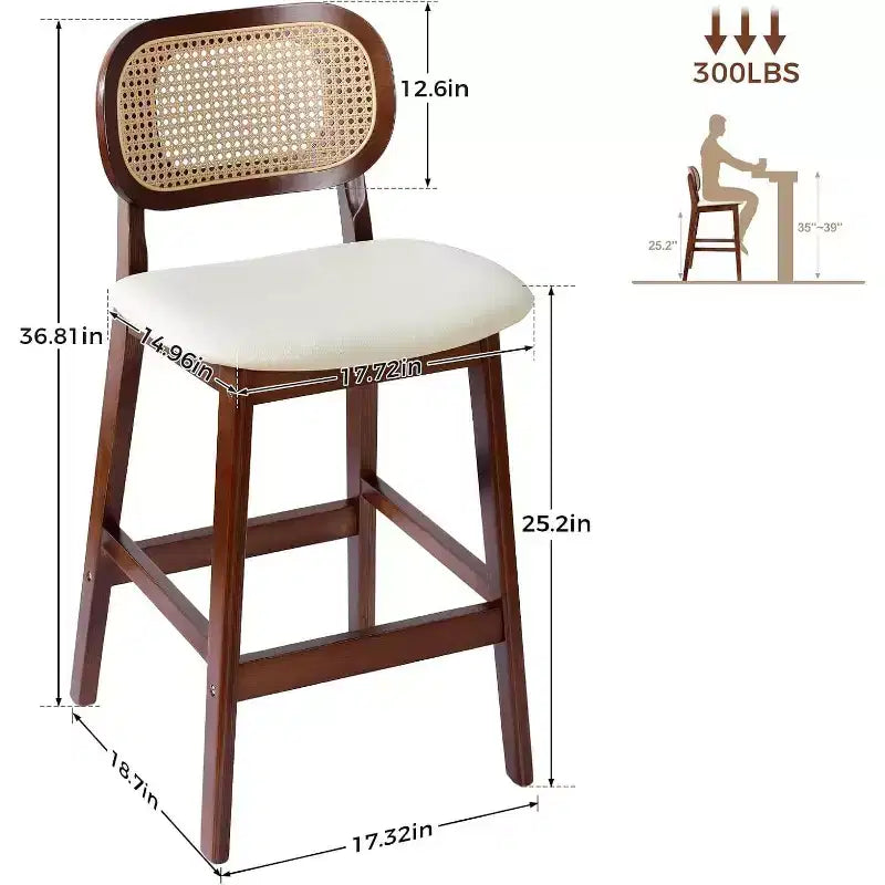 Mid Century Modern Rattan Bar Stools, Counter Height with Faux Leather or Boucle Fabric Upholstery
