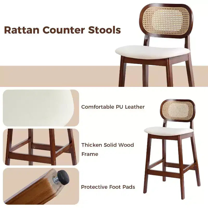 Mid Century Modern Rattan Bar Stools, Counter Height with Faux Leather or Boucle Fabric Upholstery