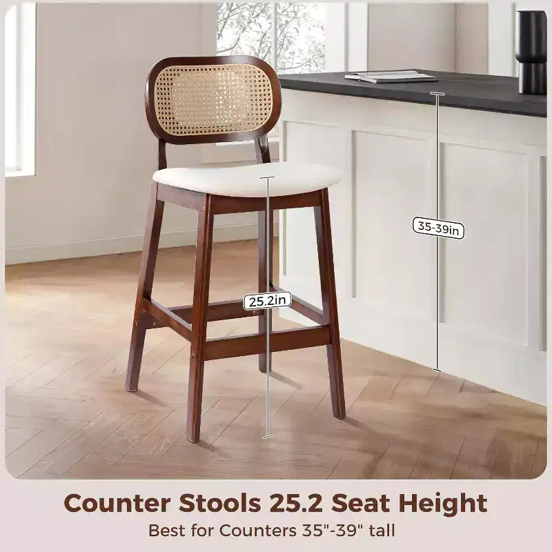 Mid Century Modern Rattan Bar Stools, Counter Height with Faux Leather or Boucle Fabric Upholstery