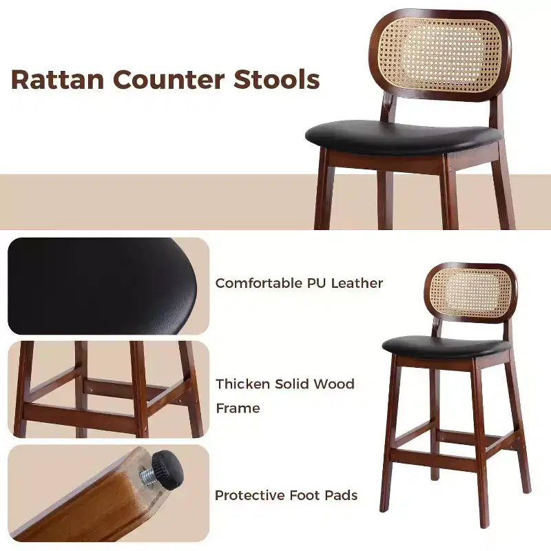 Mid Century Modern Rattan Bar Stools, Counter Height with Faux Leather or Boucle Fabric Upholstery