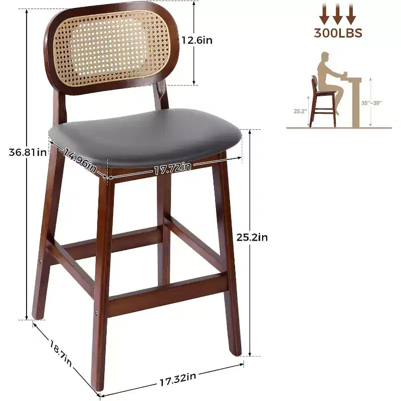 Mid Century Modern Rattan Bar Stools, Counter Height with Faux Leather or Boucle Fabric Upholstery