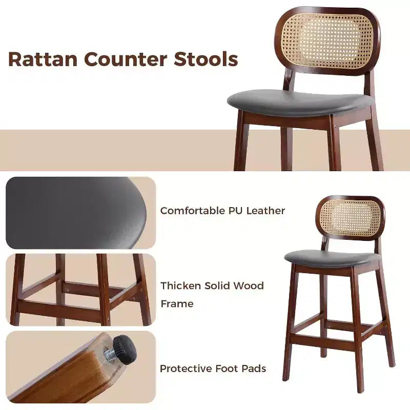 Mid Century Modern Rattan Bar Stools, Counter Height with Faux Leather or Boucle Fabric Upholstery
