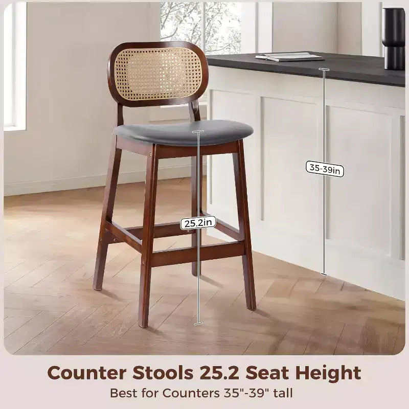 Mid Century Modern Rattan Bar Stools, Counter Height with Faux Leather or Boucle Fabric Upholstery