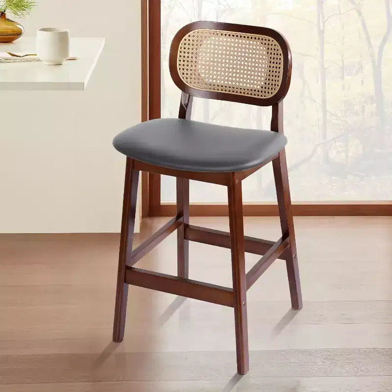 Mid Century Modern Rattan Bar Stools, Counter Height with Faux Leather or Boucle Fabric Upholstery