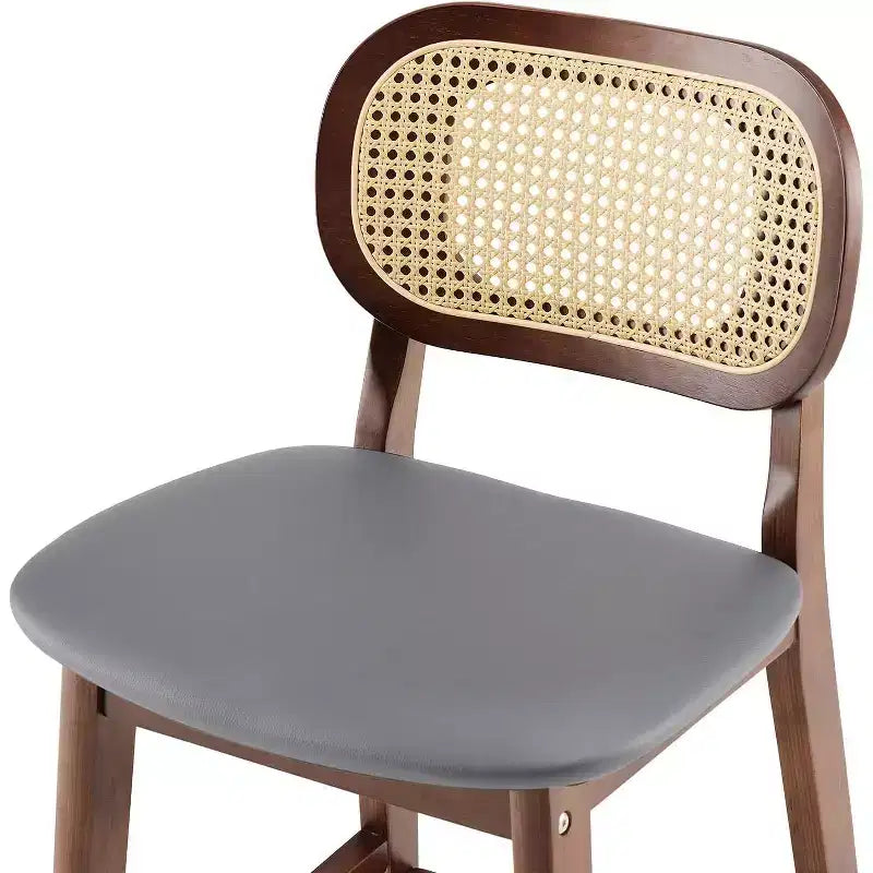 Mid Century Modern Rattan Bar Stools, Counter Height with Faux Leather or Boucle Fabric Upholstery