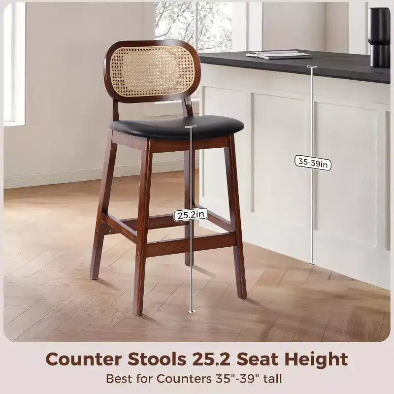 Mid Century Modern Rattan Bar Stools, Counter Height with Faux Leather or Boucle Fabric Upholstery