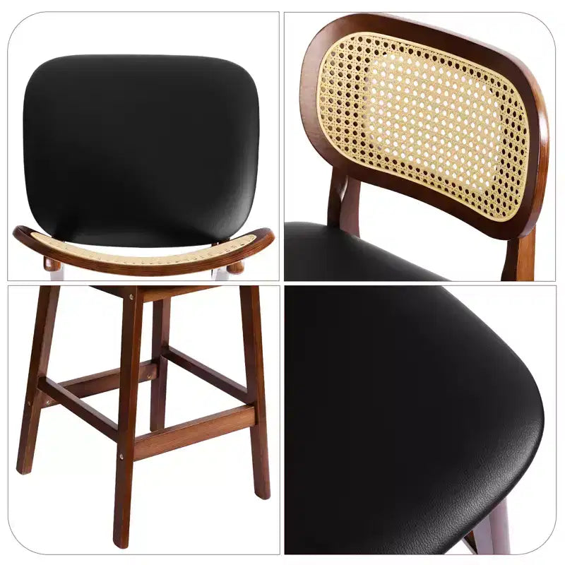 Mid Century Modern Rattan Bar Stools, Counter Height with Faux Leather or Boucle Fabric Upholstery