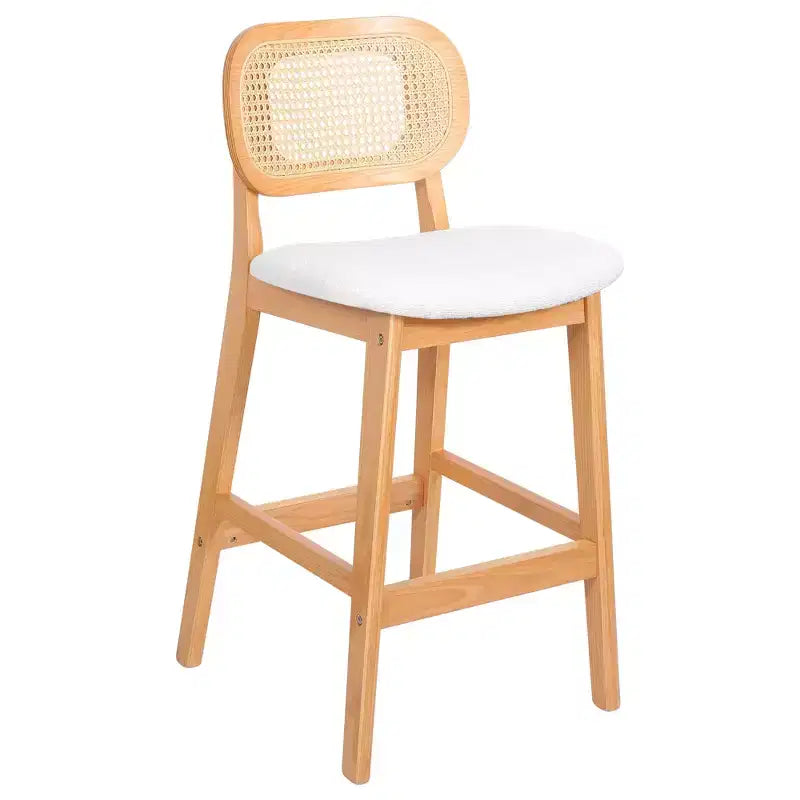 Mid Century Modern Rattan Bar Stools, Counter Height with Faux Leather or Boucle Fabric Upholstery