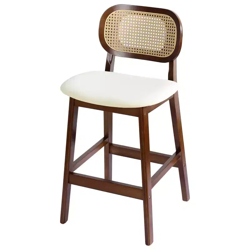 Mid Century Modern Rattan Bar Stools, Counter Height with Faux Leather or Boucle Fabric Upholstery