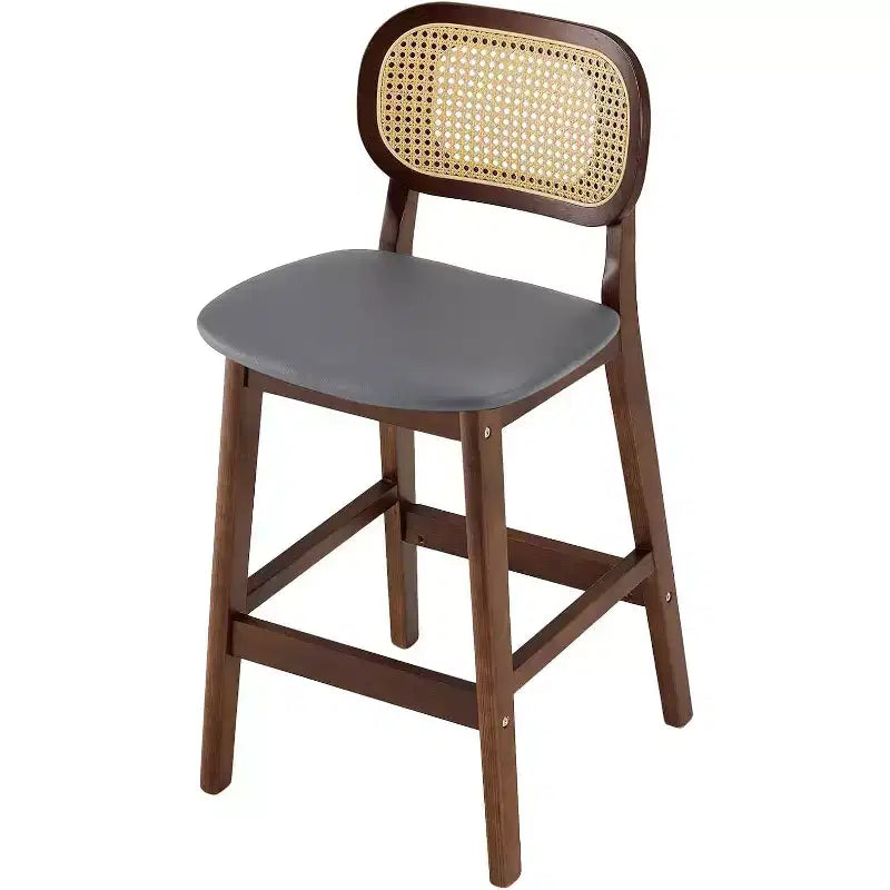 Mid Century Modern Rattan Bar Stools, Counter Height with Faux Leather or Boucle Fabric Upholstery