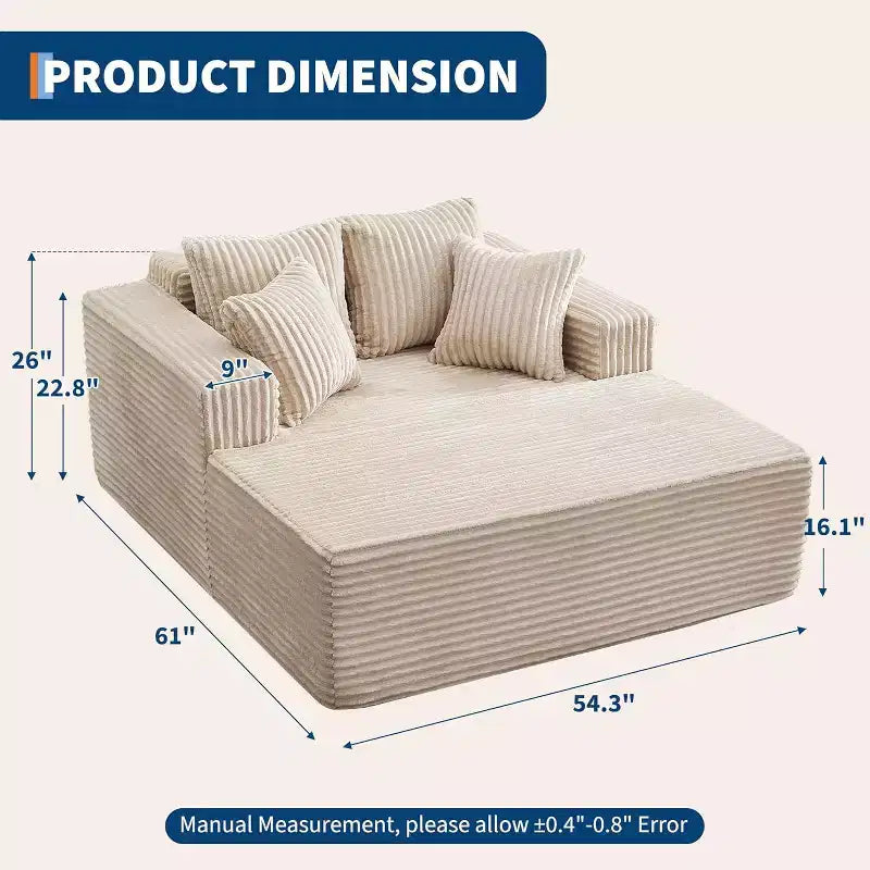Oversized 2-Person Bean Bag Chaise Lounge Sofa Bed with 4 Pillows, for Living Room and Bedroom
