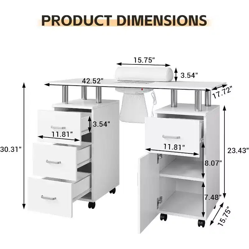 Manicure Table Nail Desk with Electric Dust Collector, 4 Drawers and Cabinet Storage, Lockable Wheels, White