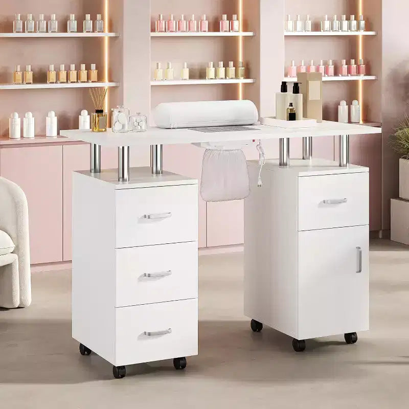 Manicure Table Nail Desk with Electric Dust Collector, 4 Drawers and Cabinet Storage, Lockable Wheels, White