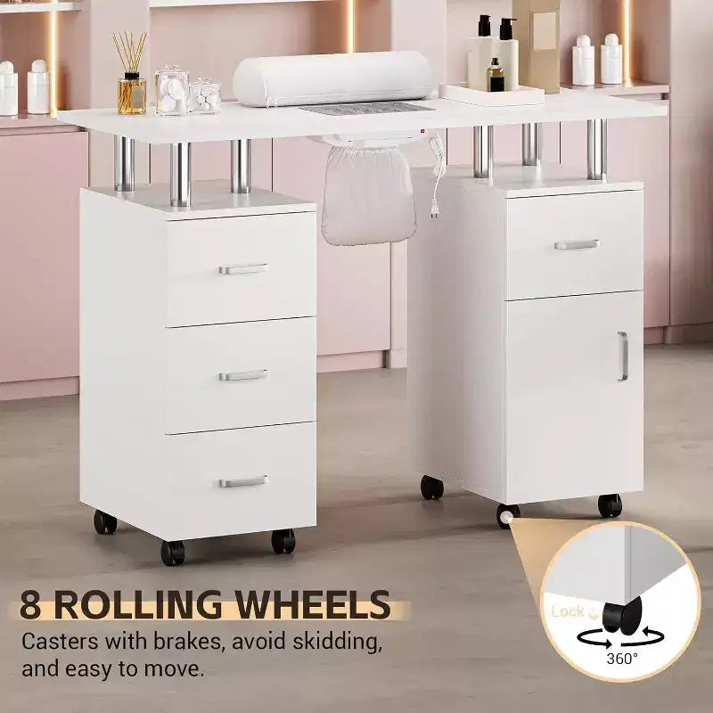 Manicure Table Nail Desk with Electric Dust Collector, 4 Drawers and Cabinet Storage, Lockable Wheels, White