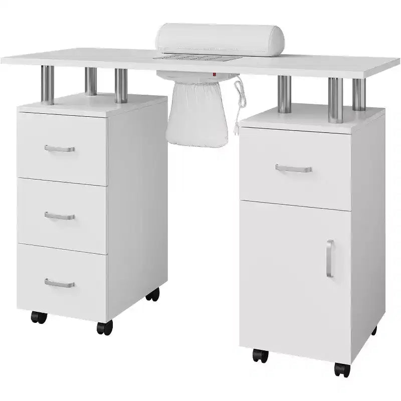 Manicure Table Nail Desk with Electric Dust Collector, 4 Drawers and Cabinet Storage, Lockable Wheels, White