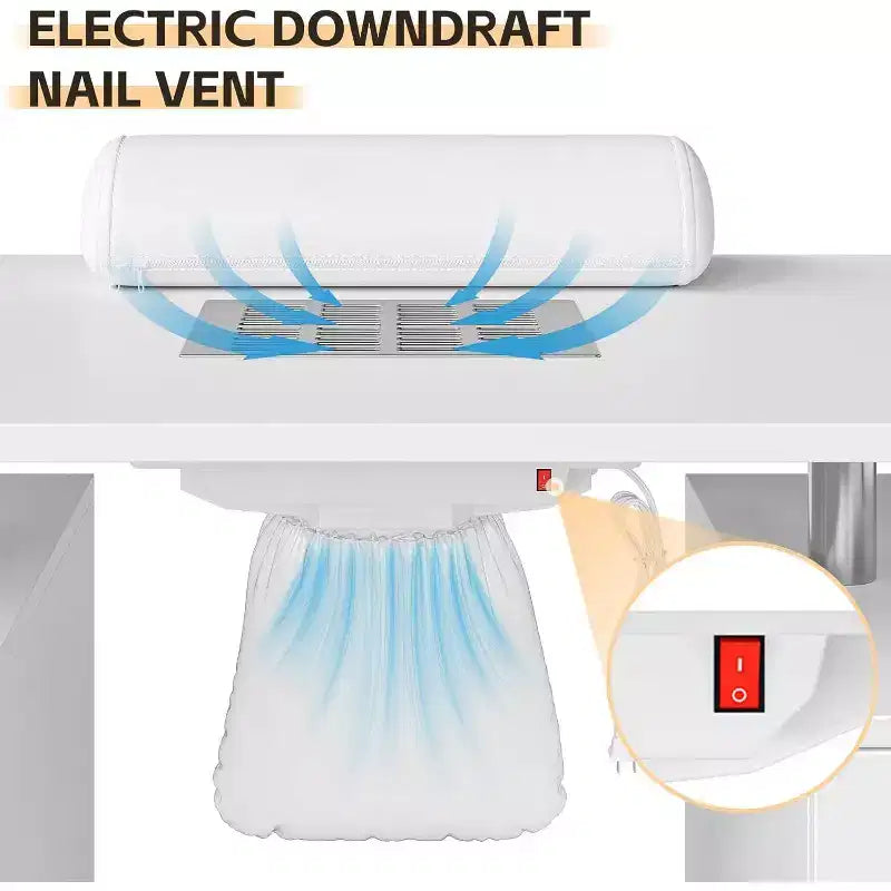 Manicure Table Nail Desk with Electric Dust Collector, 4 Drawers and Cabinet Storage, Lockable Wheels, White
