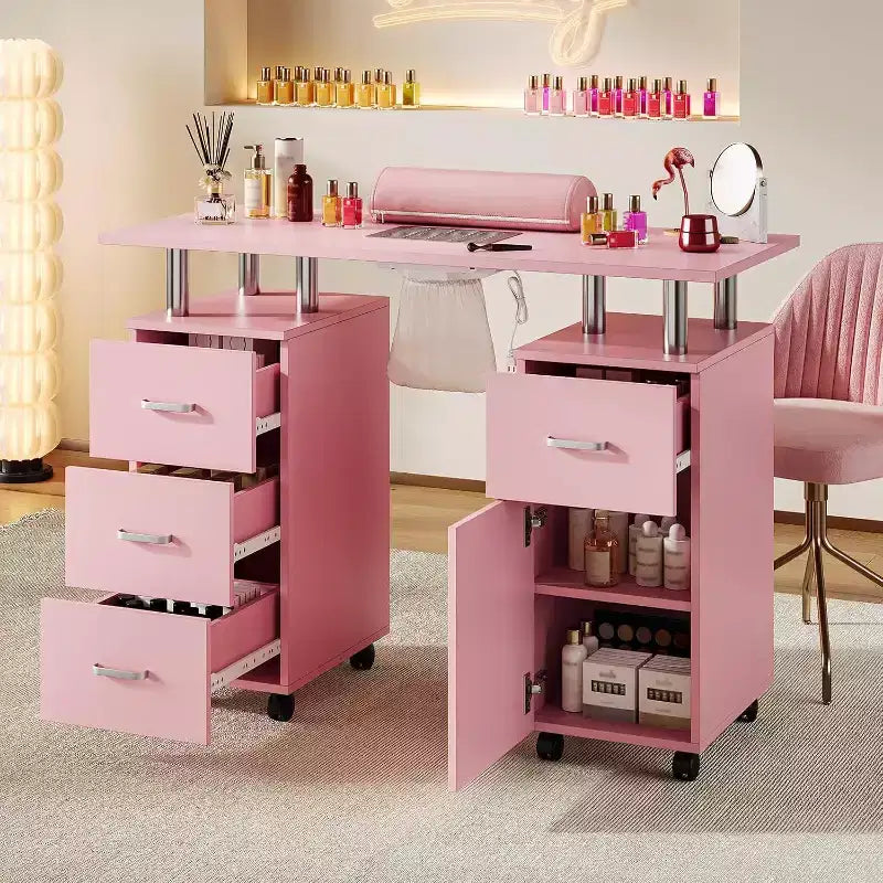 Manicure Table Nail Desk with Electric Dust Collector, 4 Drawers and Cabinet Storage, Lockable Wheels, White