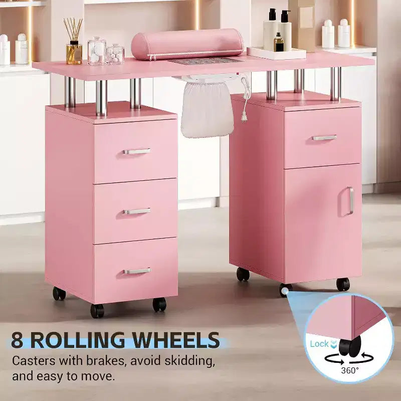 Manicure Table Nail Desk with Electric Dust Collector, 4 Drawers and Cabinet Storage, Lockable Wheels, White