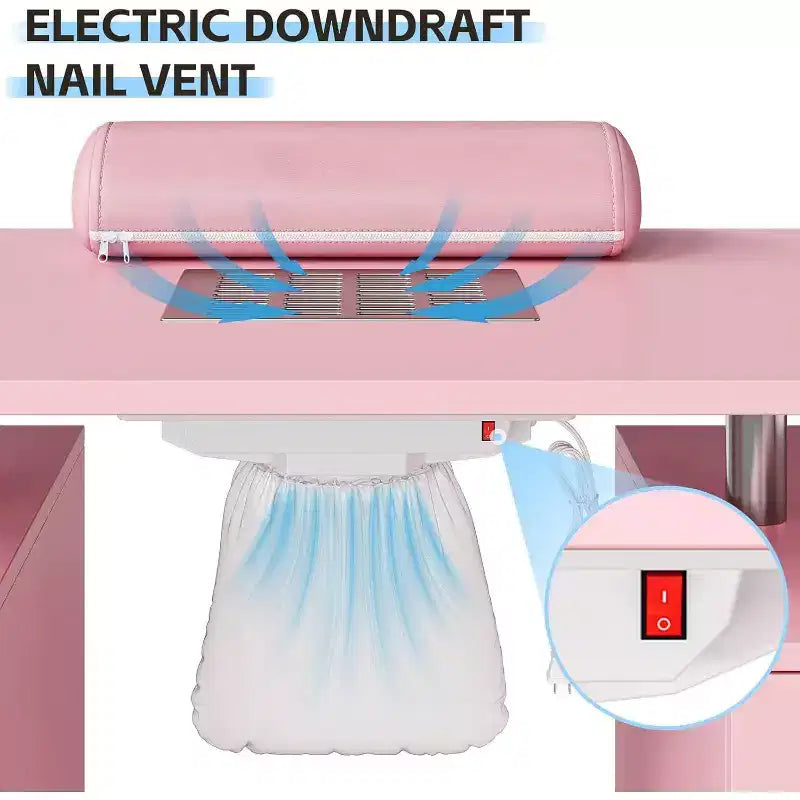 Manicure Table Nail Desk with Electric Dust Collector, 4 Drawers and Cabinet Storage, Lockable Wheels, White