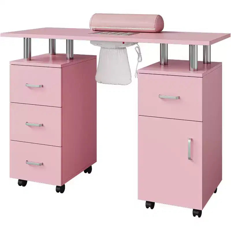 Manicure Table Nail Desk with Electric Dust Collector, 4 Drawers and Cabinet Storage, Lockable Wheels, White
