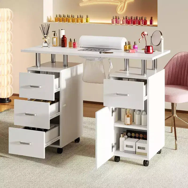 Manicure Table Nail Desk with Electric Dust Collector, 4 Drawers and Cabinet Storage, Lockable Wheels, White