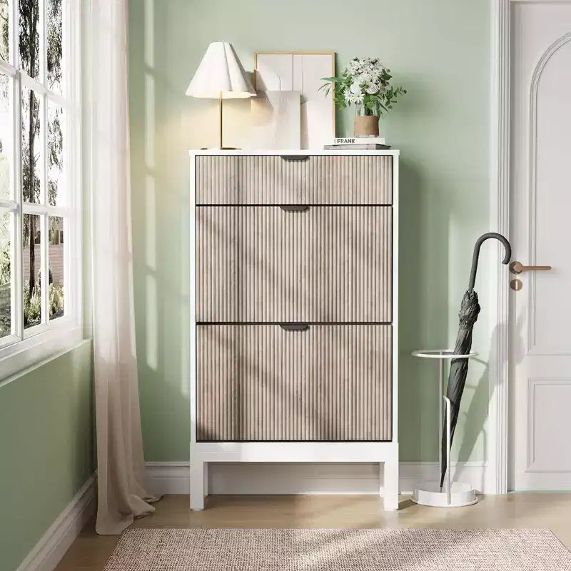 Shoe Storage Cabinet with 2 Flip Drawers Farmhouse Shoe Organizer with Metal Legs, Narrow Shoe Rack for Entryway, Foyer, Hallway