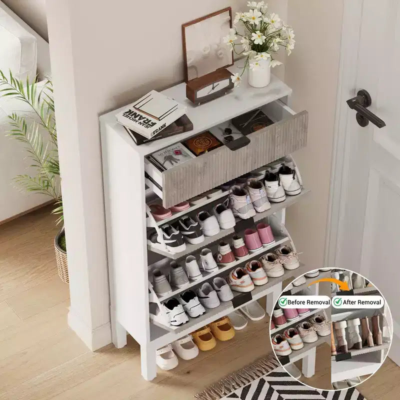 Shoe Storage Cabinet with 2 Flip Drawers Farmhouse Shoe Organizer with Metal Legs, Narrow Shoe Rack for Entryway, Foyer, Hallway