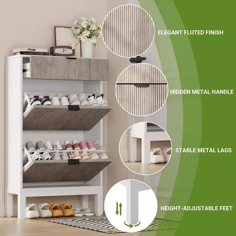 Shoe Storage Cabinet with 2 Flip Drawers Farmhouse Shoe Organizer with Metal Legs, Narrow Shoe Rack for Entryway, Foyer, Hallway