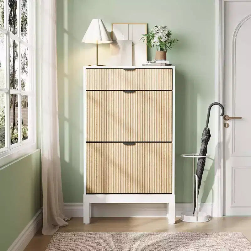 Shoe Storage Cabinet with 2 Flip Drawers Farmhouse Shoe Organizer with Metal Legs, Narrow Shoe Rack for Entryway, Foyer, Hallway