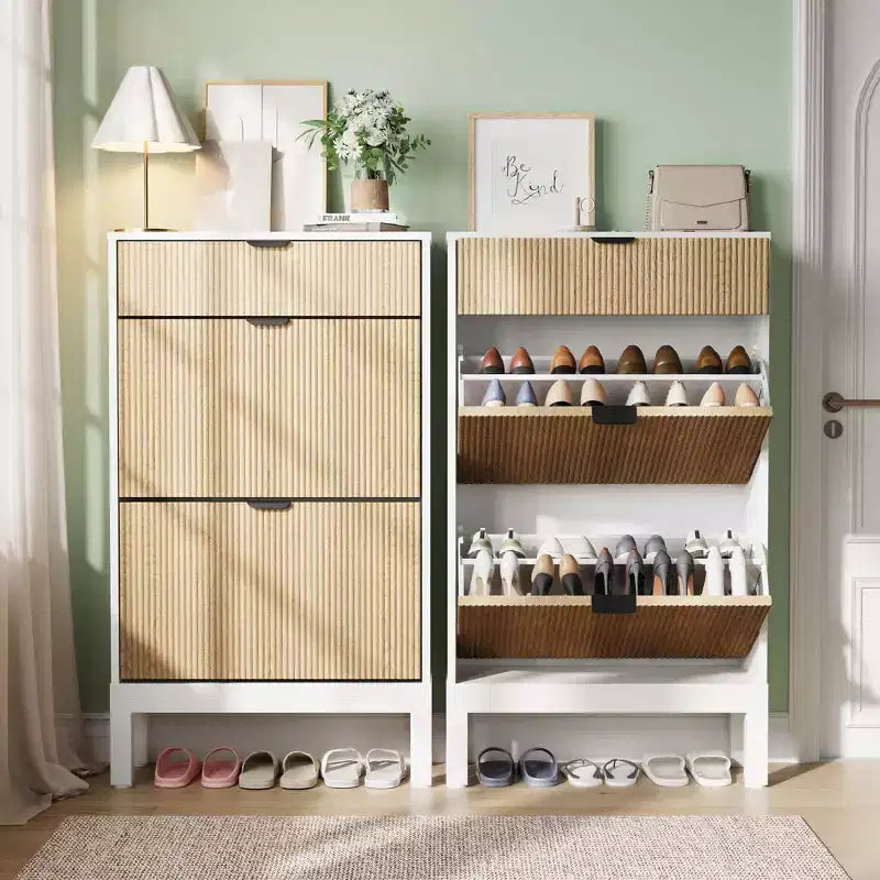 Shoe Storage Cabinet with 2 Flip Drawers Farmhouse Shoe Organizer with Metal Legs, Narrow Shoe Rack for Entryway, Foyer, Hallway