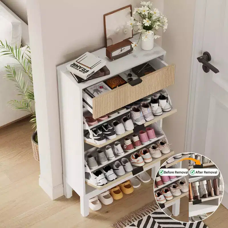 Shoe Storage Cabinet with 2 Flip Drawers Farmhouse Shoe Organizer with Metal Legs, Narrow Shoe Rack for Entryway, Foyer, Hallway