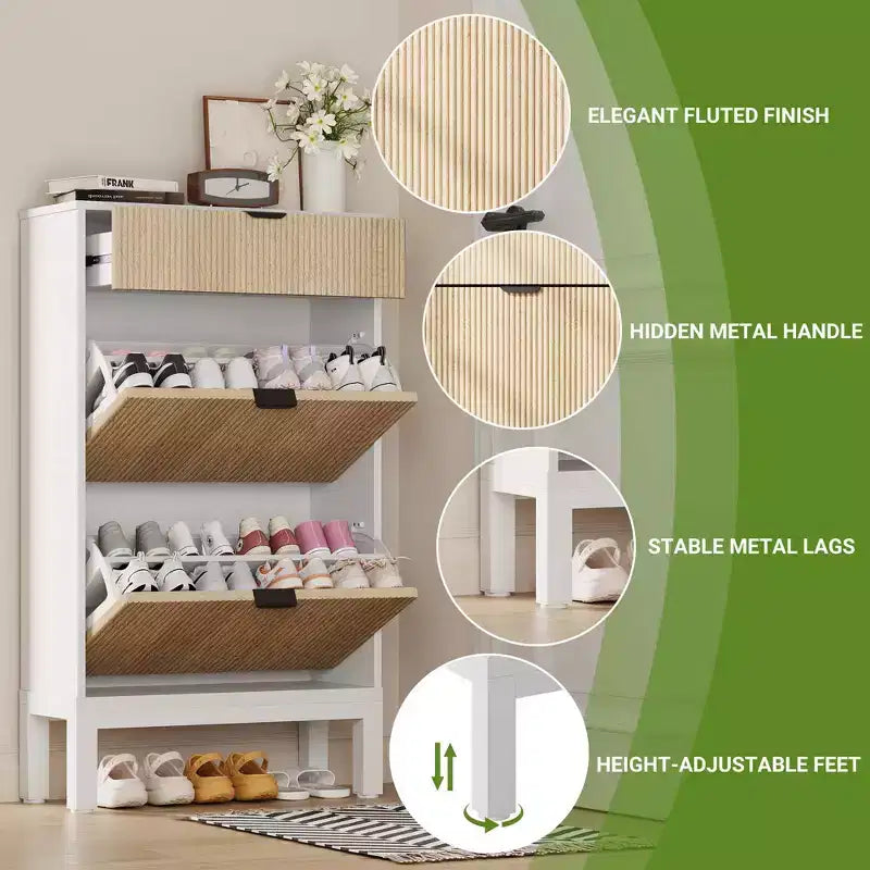 Shoe Storage Cabinet with 2 Flip Drawers Farmhouse Shoe Organizer with Metal Legs, Narrow Shoe Rack for Entryway, Foyer, Hallway