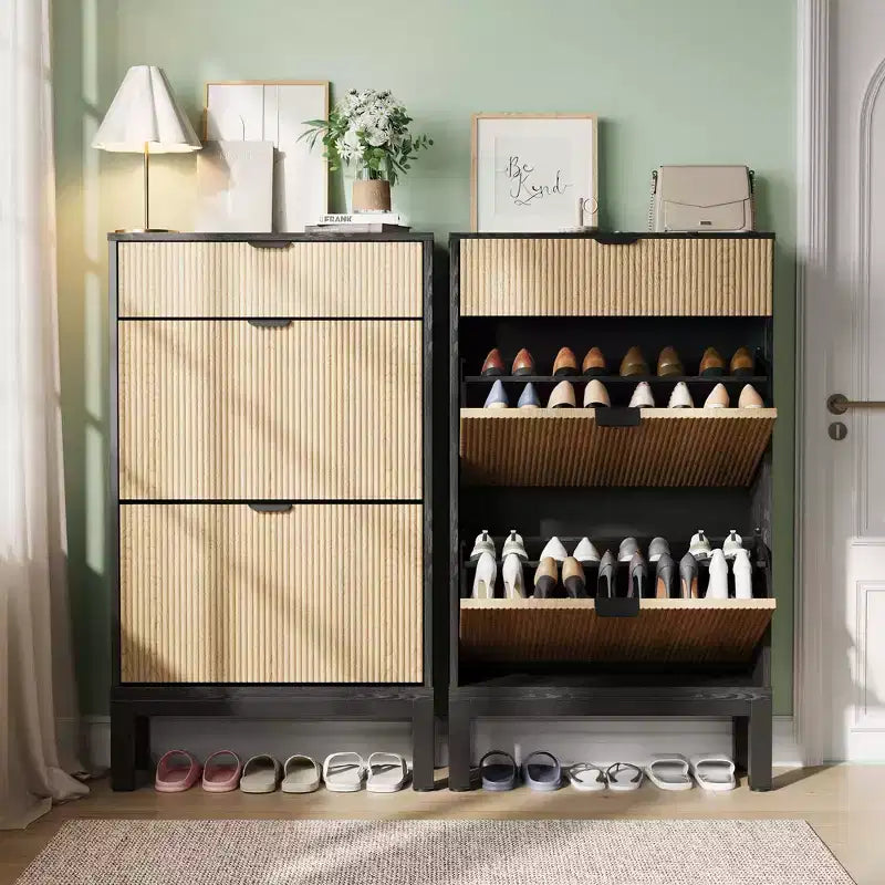 Shoe Storage Cabinet with 2 Flip Drawers Farmhouse Shoe Organizer with Metal Legs, Narrow Shoe Rack for Entryway, Foyer, Hallway