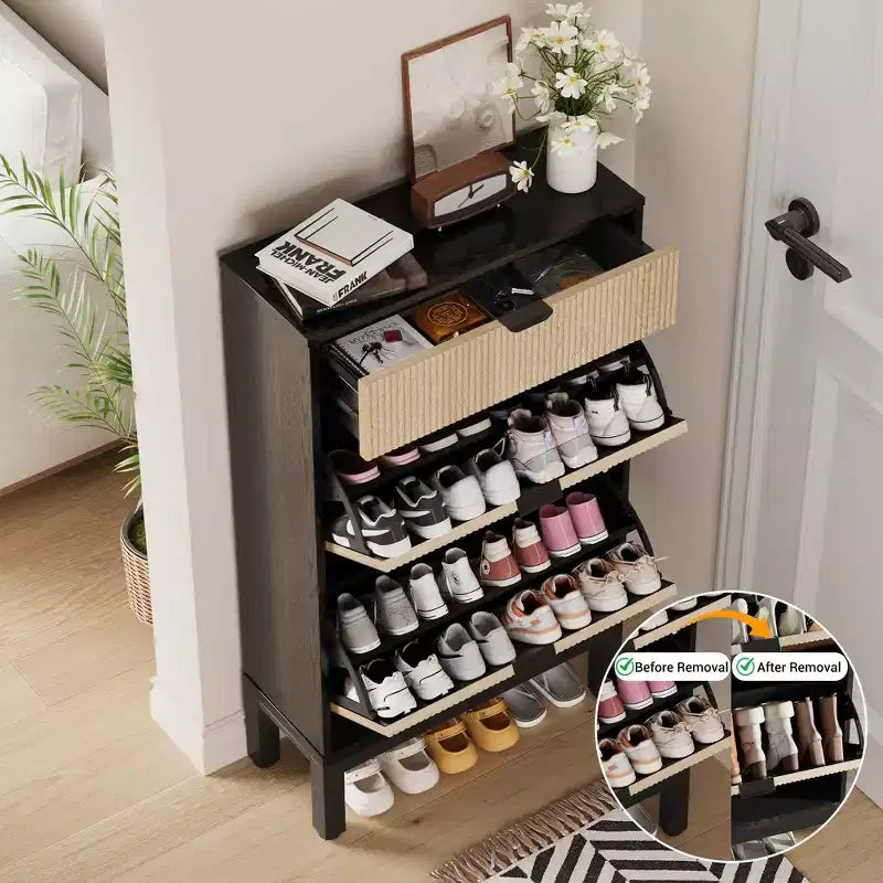 Shoe Storage Cabinet with 2 Flip Drawers Farmhouse Shoe Organizer with Metal Legs, Narrow Shoe Rack for Entryway, Foyer, Hallway