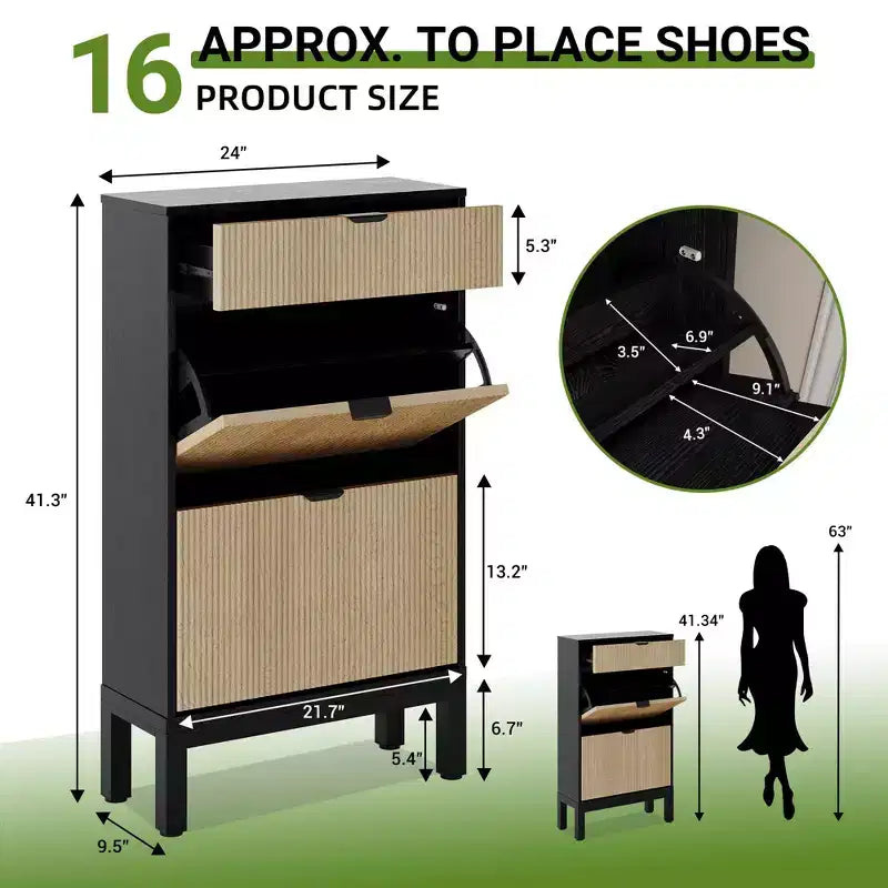 Shoe Storage Cabinet with 2 Flip Drawers Farmhouse Shoe Organizer with Metal Legs, Narrow Shoe Rack for Entryway, Foyer, Hallway