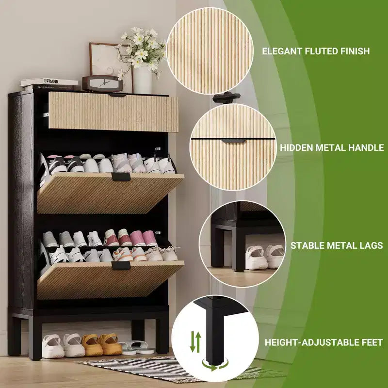Shoe Storage Cabinet with 2 Flip Drawers Farmhouse Shoe Organizer with Metal Legs, Narrow Shoe Rack for Entryway, Foyer, Hallway