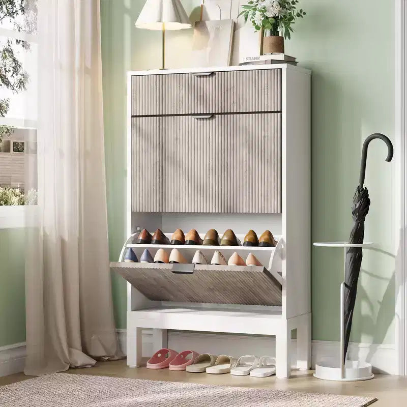 Shoe Storage Cabinet with 2 Flip Drawers Farmhouse Shoe Organizer with Metal Legs, Narrow Shoe Rack for Entryway, Foyer, Hallway
