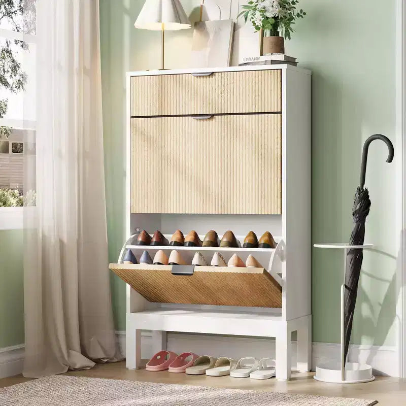 Shoe Storage Cabinet with 2 Flip Drawers Farmhouse Shoe Organizer with Metal Legs, Narrow Shoe Rack for Entryway, Foyer, Hallway
