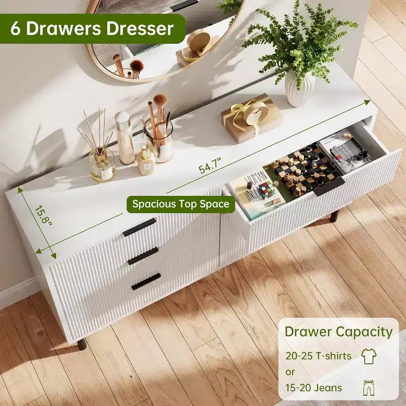 Modern Fluted 6 Drawer Dresser for Bedroom, Wide Chest of Drawers with Metal Handles Legs, Clothes Storage Cabinet Organizer for Living Room