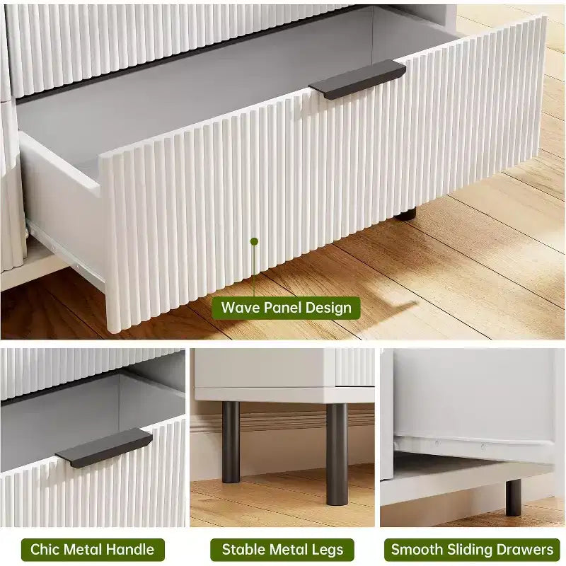 Modern Fluted 6 Drawer Dresser for Bedroom, Wide Chest of Drawers with Metal Handles Legs, Clothes Storage Cabinet Organizer for Living Room